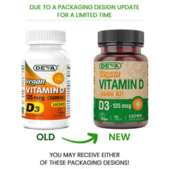 Front view of DEVA bottle showing vegan-certified lichen-based D3.