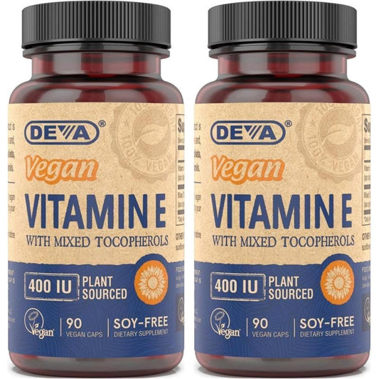 DEVA Vitamin E 400IU bottle with mixed tocopherols for daily antioxidant support
