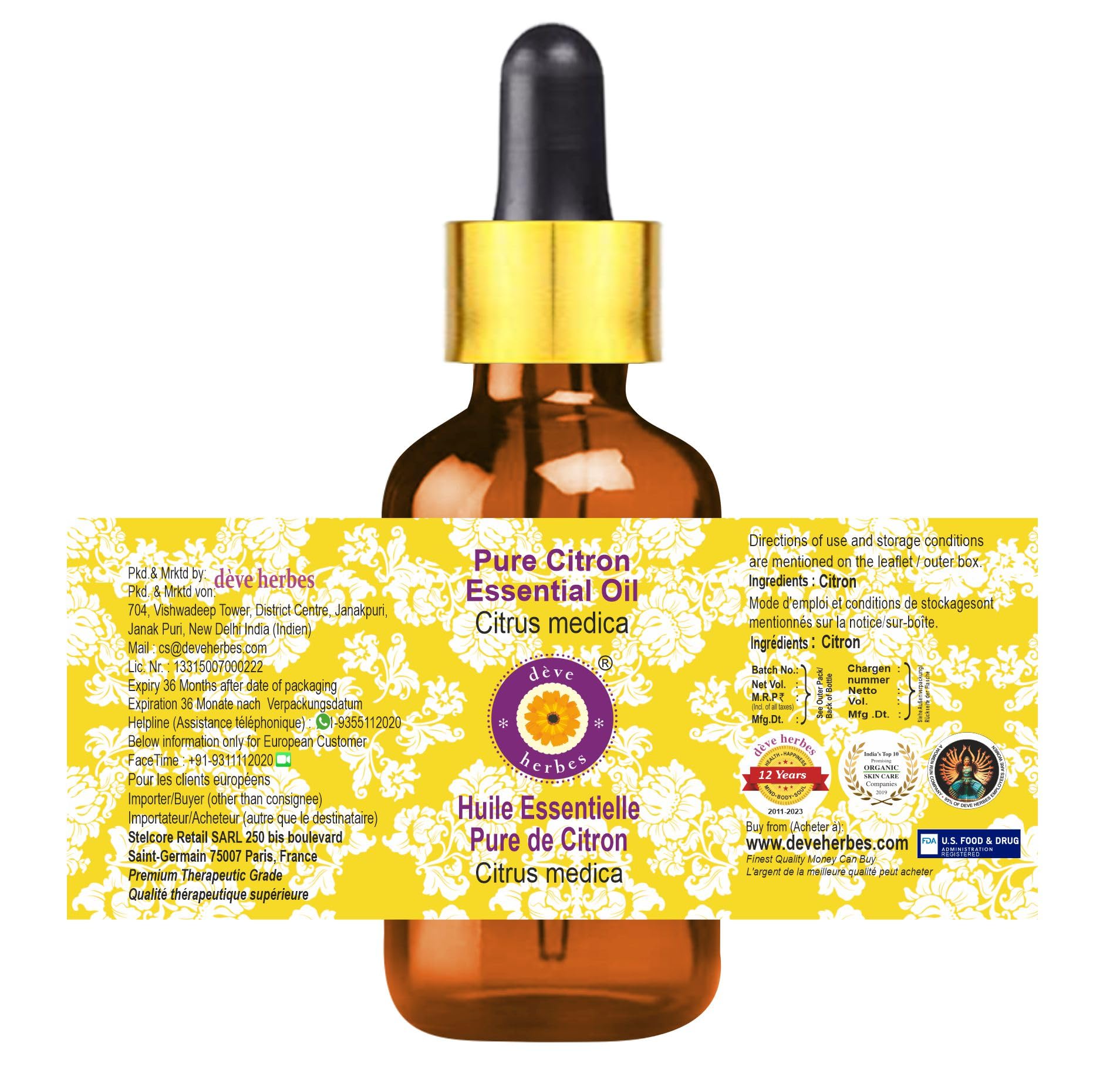 Deve Herbes Citron essential oil amber glass bottle preserves potency and freshness.