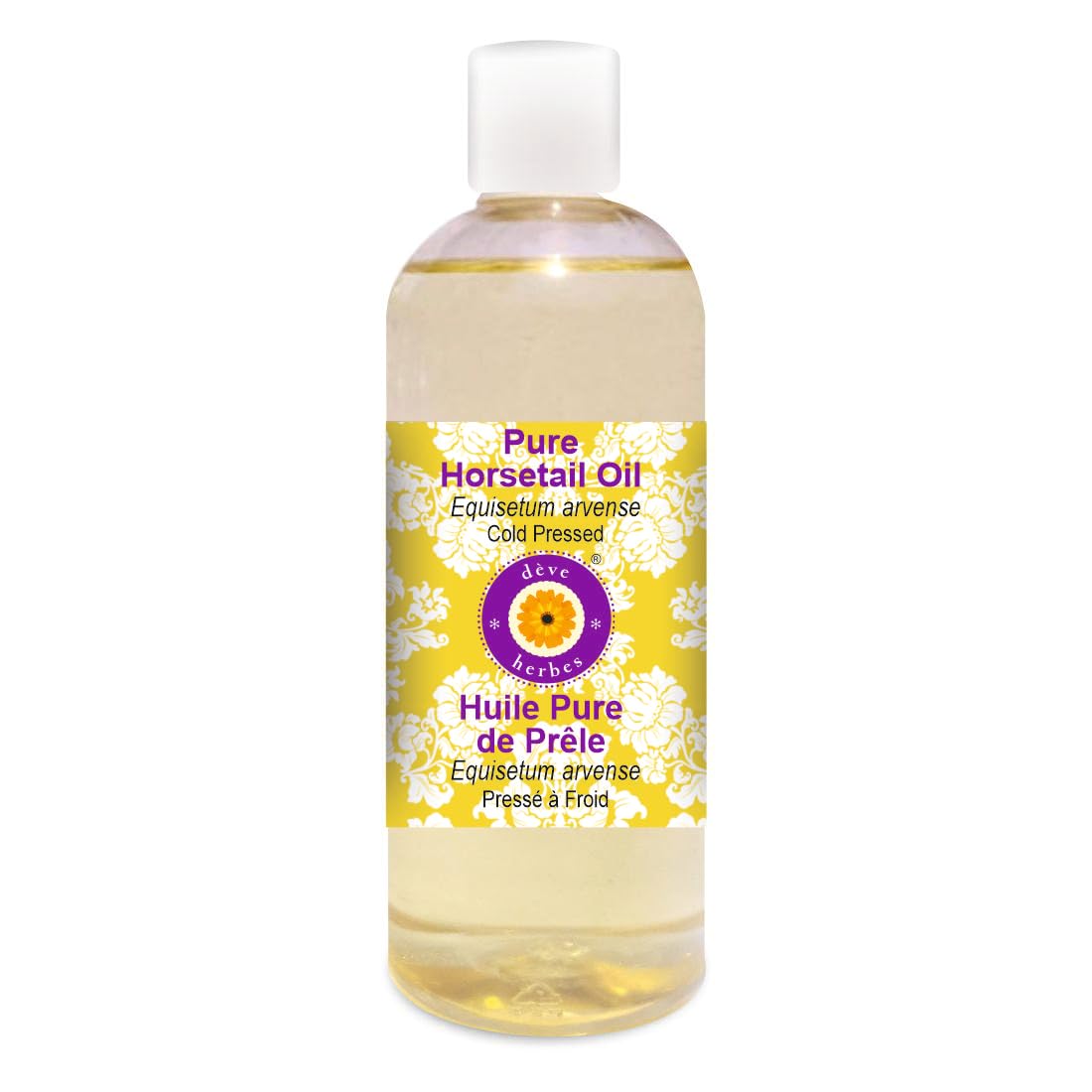 Deve Herbes Horsetail Oil bottle close-up, pure carrier oil for diluting essential oils.