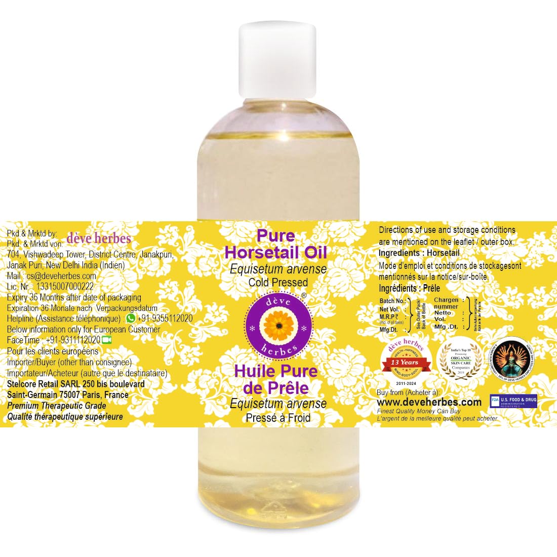 Deve Herbes Horsetail Oil shown for skin and hair, lightweight carrier oil for moisturisation.