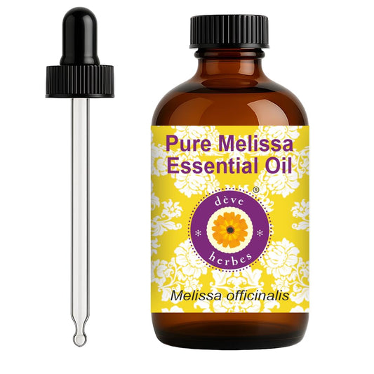 deve herbes Melissa essential oil in a glass dropper bottle for gentle skincare aroma.