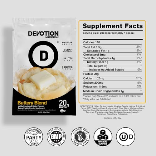 Devotion Nutrition Buttery Blend powder on spoon shows rich texture
