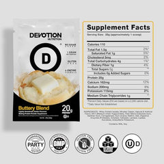 Devotion Nutrition Buttery Blend powder on spoon shows rich texture