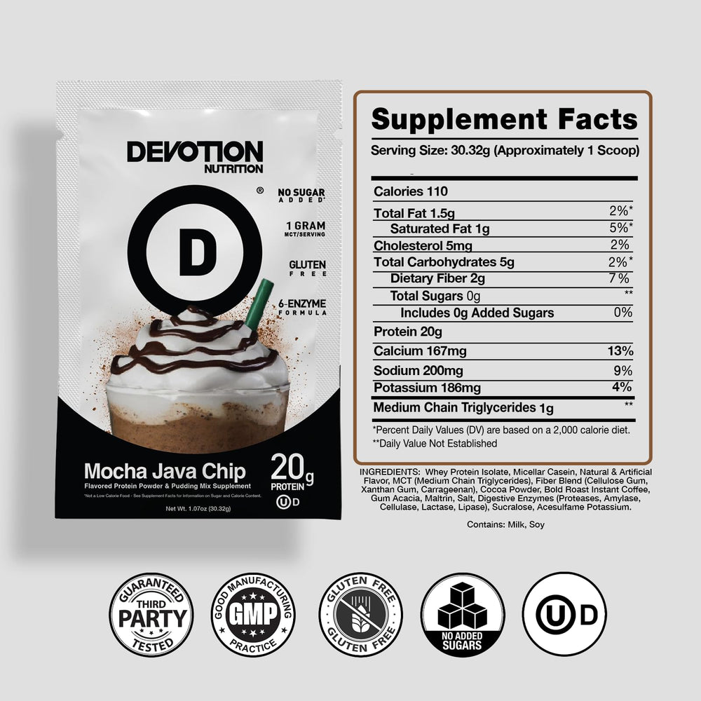 Devotion Nutrition Mocha Java Chip single-serving packets for on-the-go shakes.