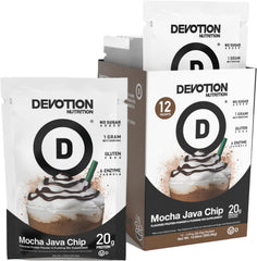 Devotion Nutrition Mocha Java Chip protein powder tub for quick post-workout fuel.