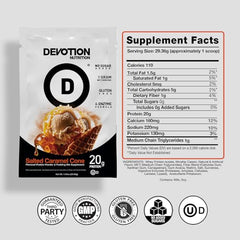 Devotion Nutrition Salted Caramel Cone scoop for easy shakes.