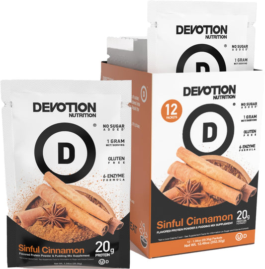 Devotion Nutrition Sinful Cinnamon packet for on-the-go protein.