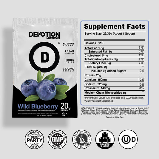 Devotion Nutrition Wild Blueberry shake pour showing smooth texture for keto-friendly smoothies.