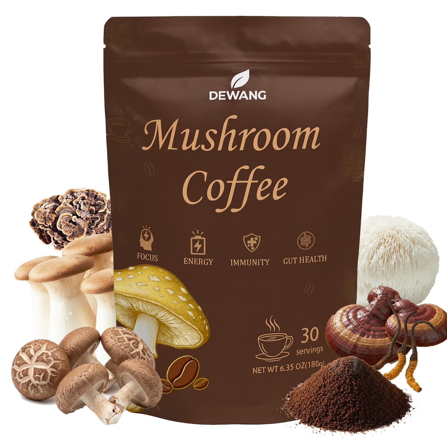 DEWANG Mushroom Coffee pack demonstrates premium blend for steady energy and focus.