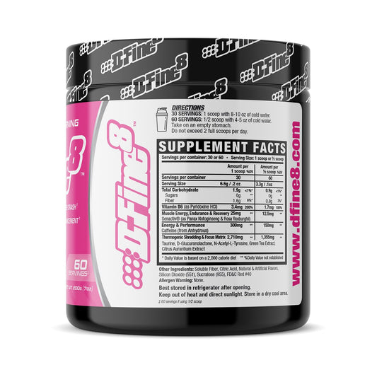 D-Fine8 pink lemonade scoop shows flavor with no sugar for a clean energy boost.