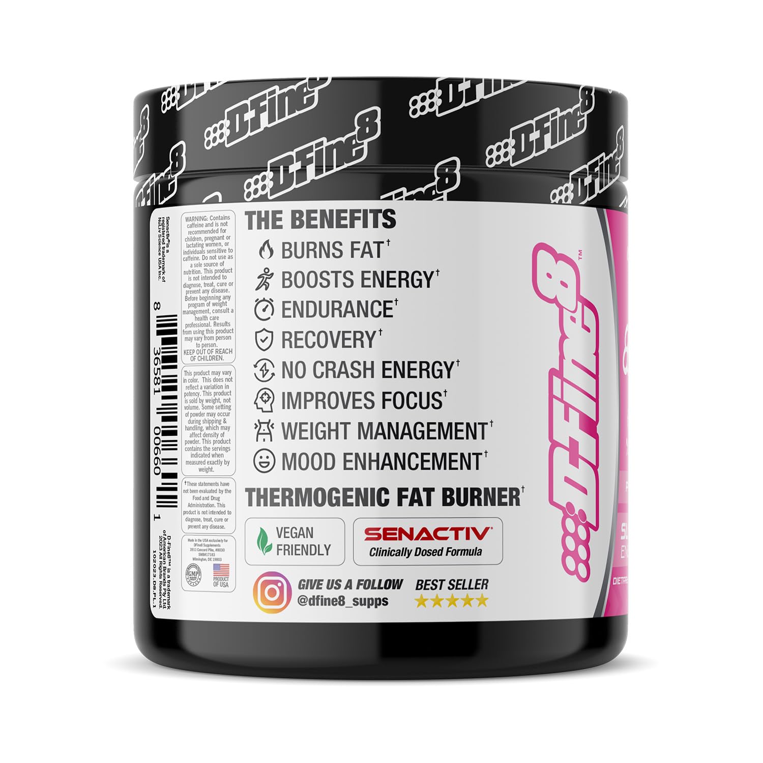 D-Fine8 sugar-free formula label emphasizes caffeine-driven energy for workouts.