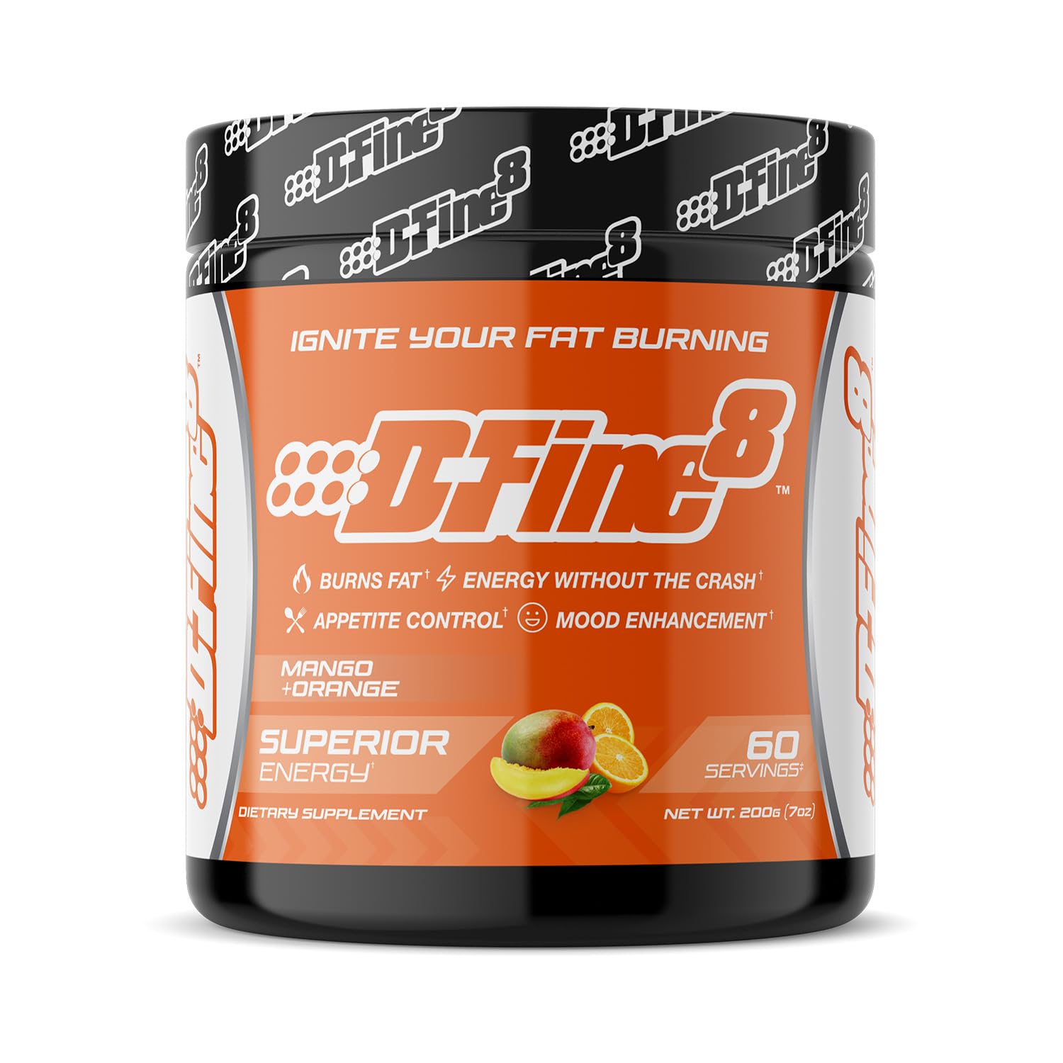 D-Fine8 thermogenic pre-workout bottle Mango Orange highlighting energy and focus benefits