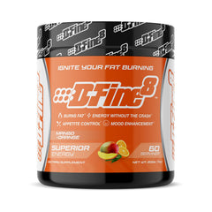 D-Fine8 thermogenic pre-workout bottle Mango Orange highlighting energy and focus benefits