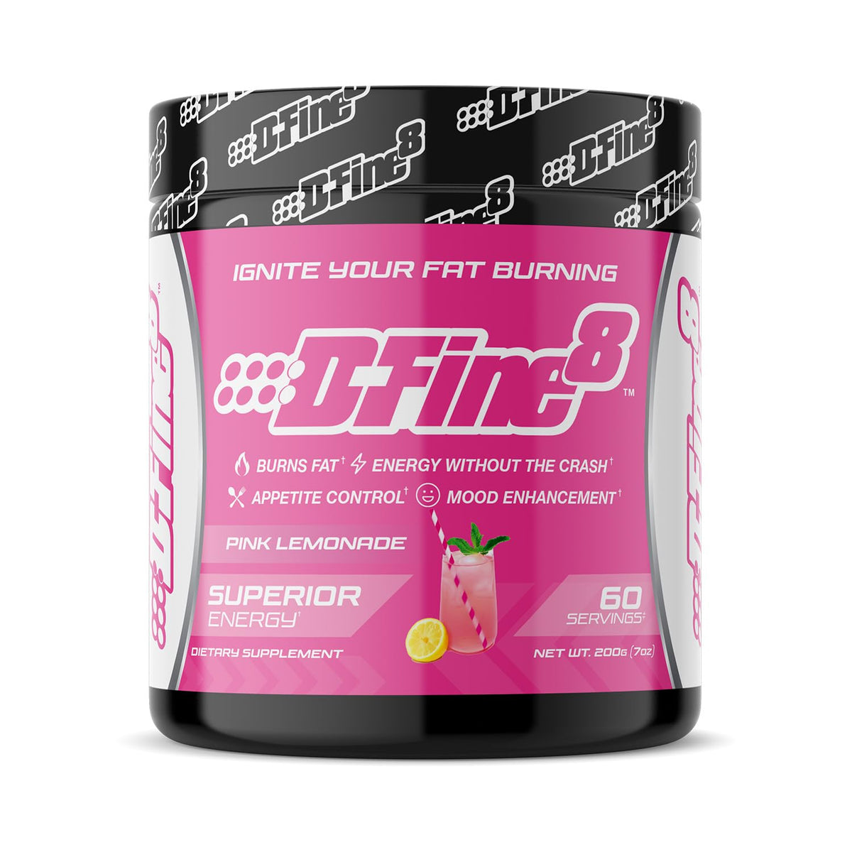 D-Fine8 thermogenic pre-workout tub ready for intense training, delivering focused energy.