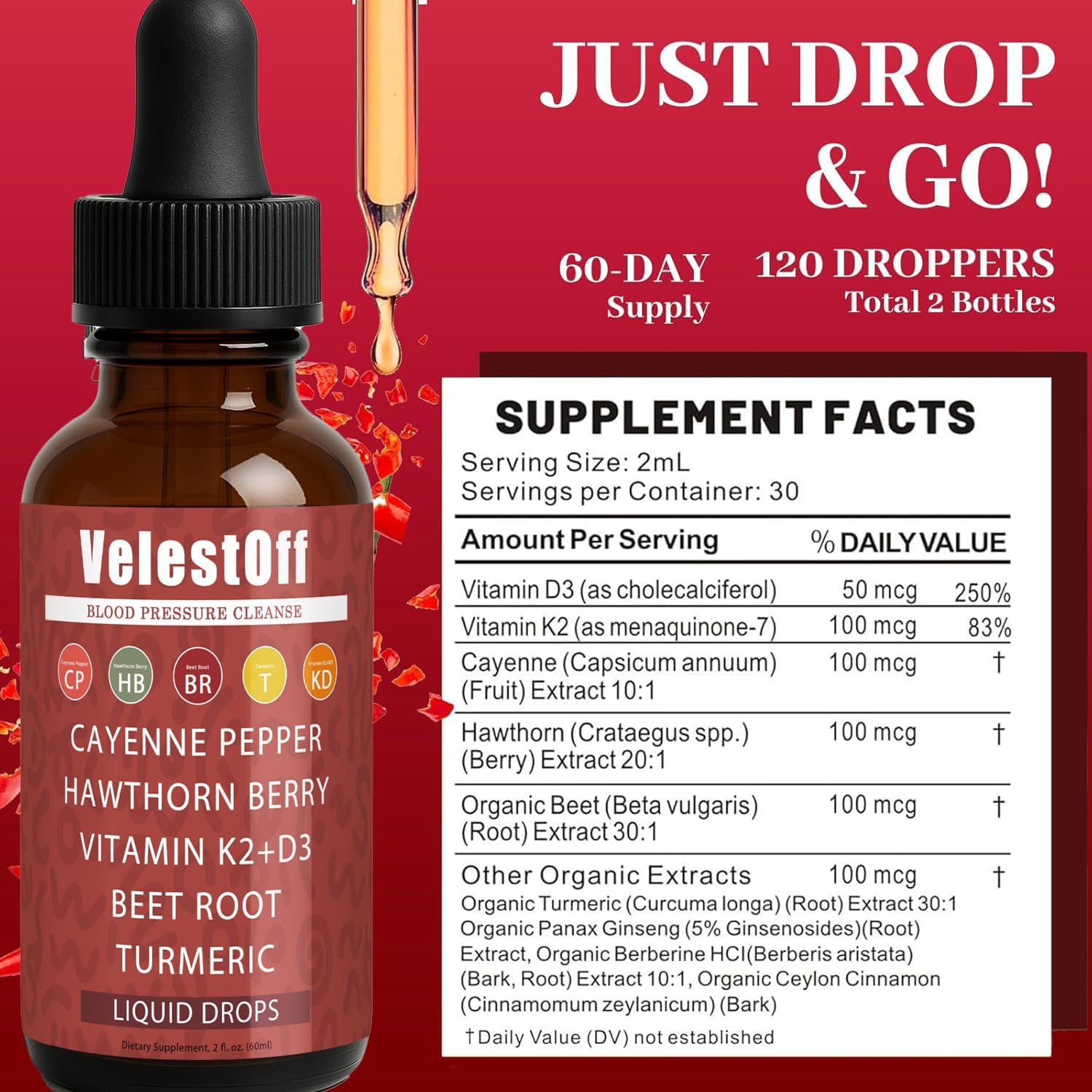 DFTLUUE Velestoff Cayenne label close-up with hawthorn and beetroot for circulatory support.