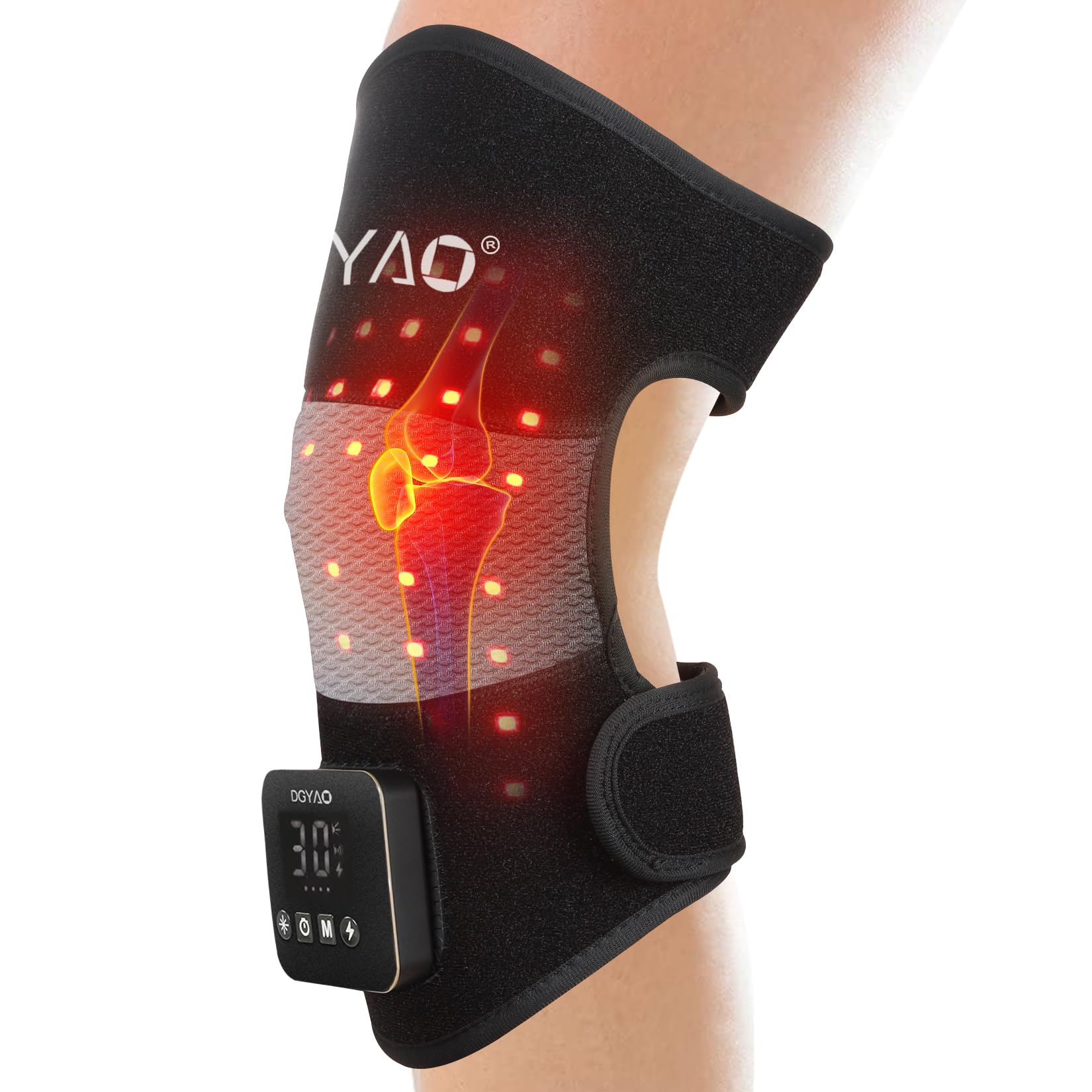DGYAO D MAX knee wrap shows cordless battery for portable relief during activity.