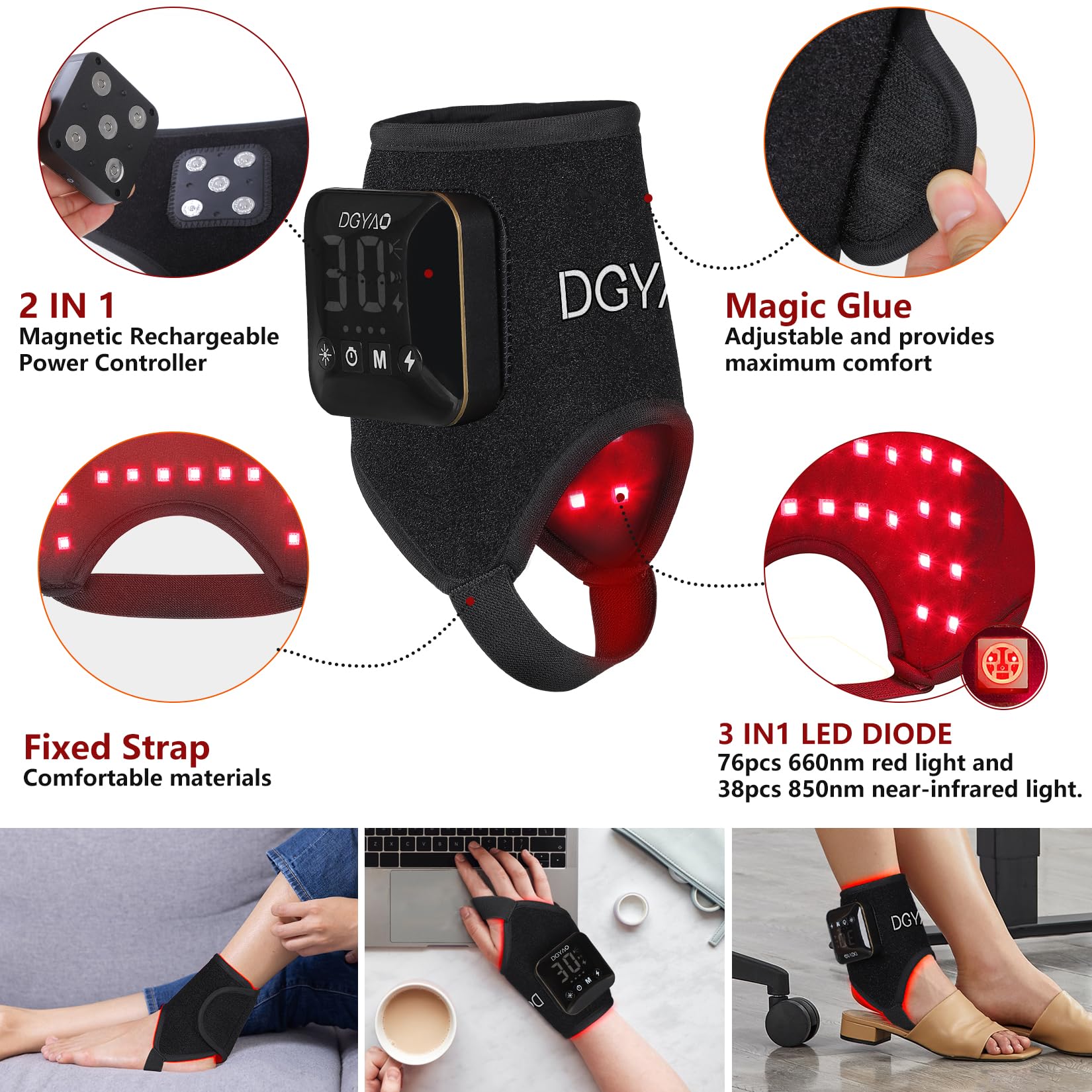 Adjustable strap highlights secure fit during movement and daily activities.