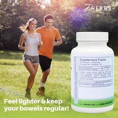 Close-up of DHerbs capsules showing a pure herbal formula for gentle colon support