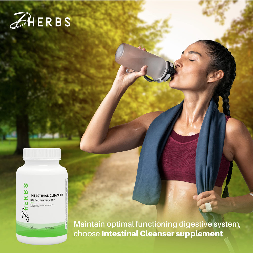 Packaging of DHerbs Intestinal Cleanser shows 100 vegetarian capsules for daily use