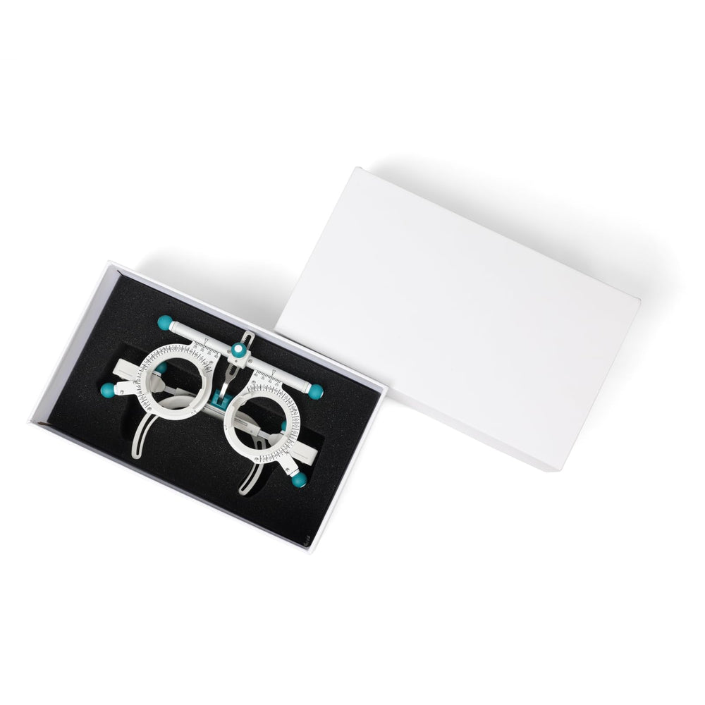 Dhoptical trial frame in use during eye exams, offering comfort and stability.