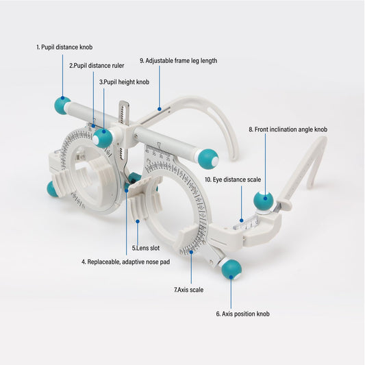 Dhoptical trial frame demonstrating 5-lens insert capacity for flexible testing.