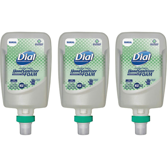 Dial Fit refill foam hand sanitizer pump highlights fragrance-free, skin-friendly formula