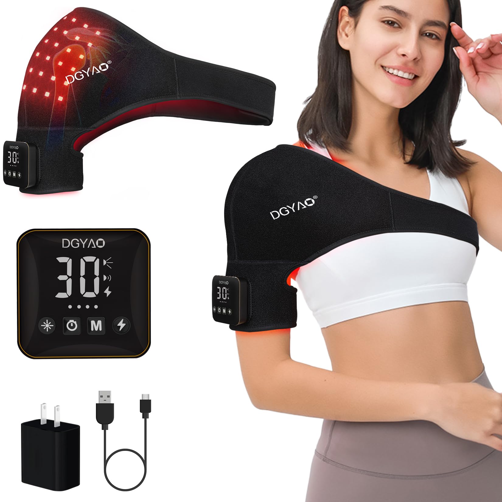Dialudon shoulder belt worn for hands-free light therapy sessions
