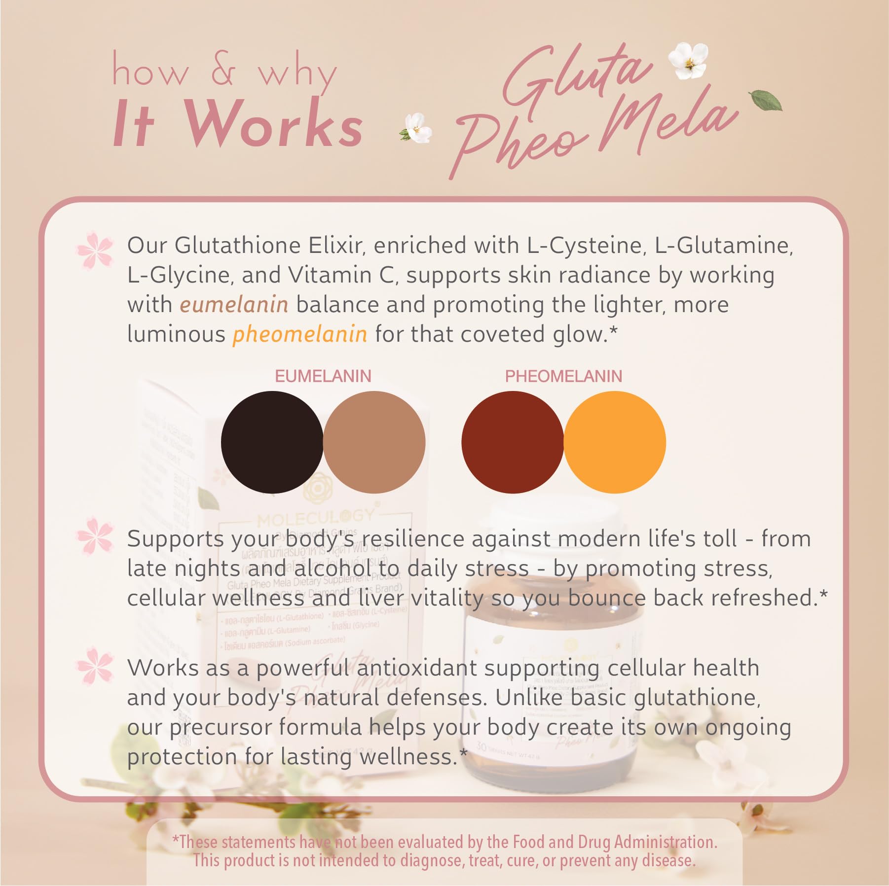 Close-up of Moleculogy Gluta Pheo Mela tablets for daily use