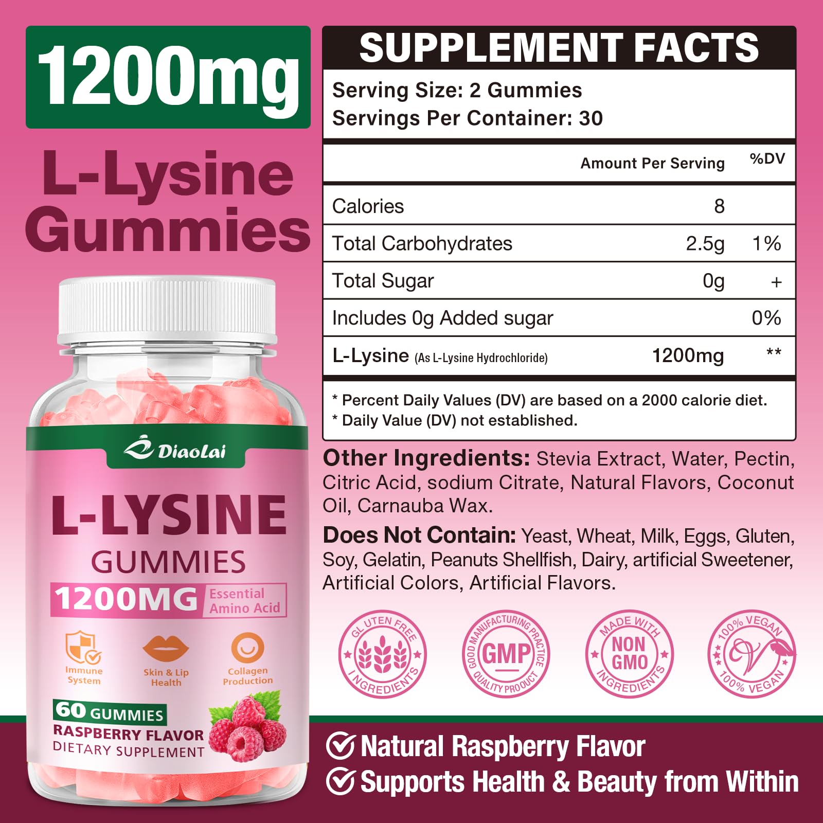 DIAOLAI L-Lysine gummies raspberry flavor close-up promoting a tasty daily routine