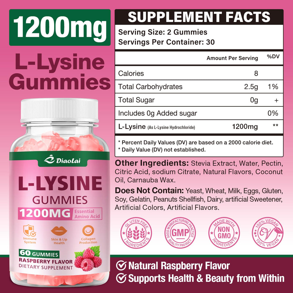 DIAOLAI L-Lysine gummies raspberry flavor close-up promoting a tasty daily routine