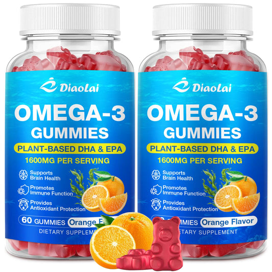 Diaolai vegan omega-3 gummies bottle front, compact and travel-ready.