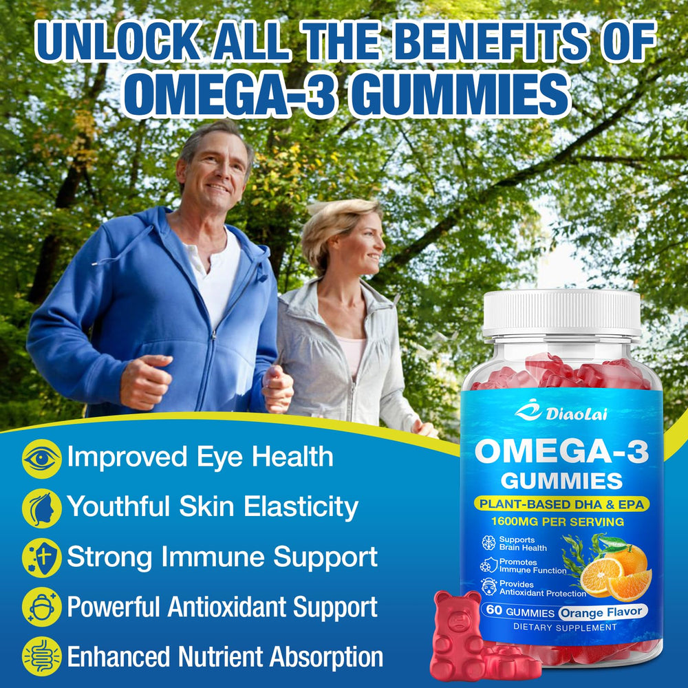 Diaolai vegan omega-3 gummies label highlights DHA 600mg and EPA 300mg.