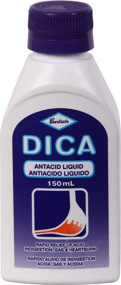 Dica Antacid Liquid bottle label highlighting heartburn relief and gas comfort