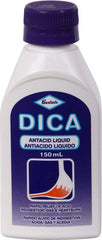 Dica Antacid Liquid bottle label highlighting heartburn relief and gas comfort