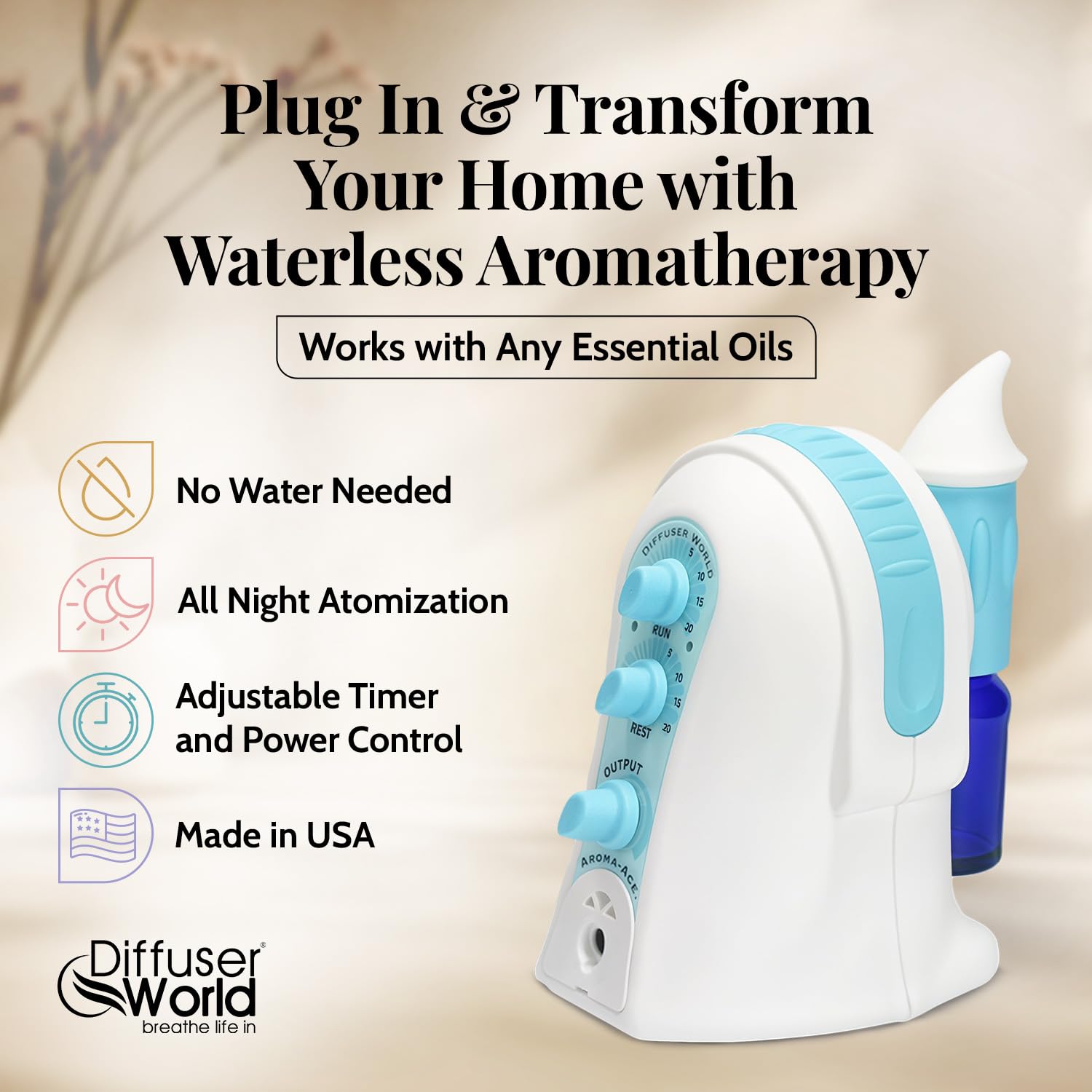 Diffuser World atomizing technology close-up highlights precise scent diffusion.