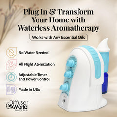 Diffuser World atomizing technology close-up highlights precise scent diffusion.