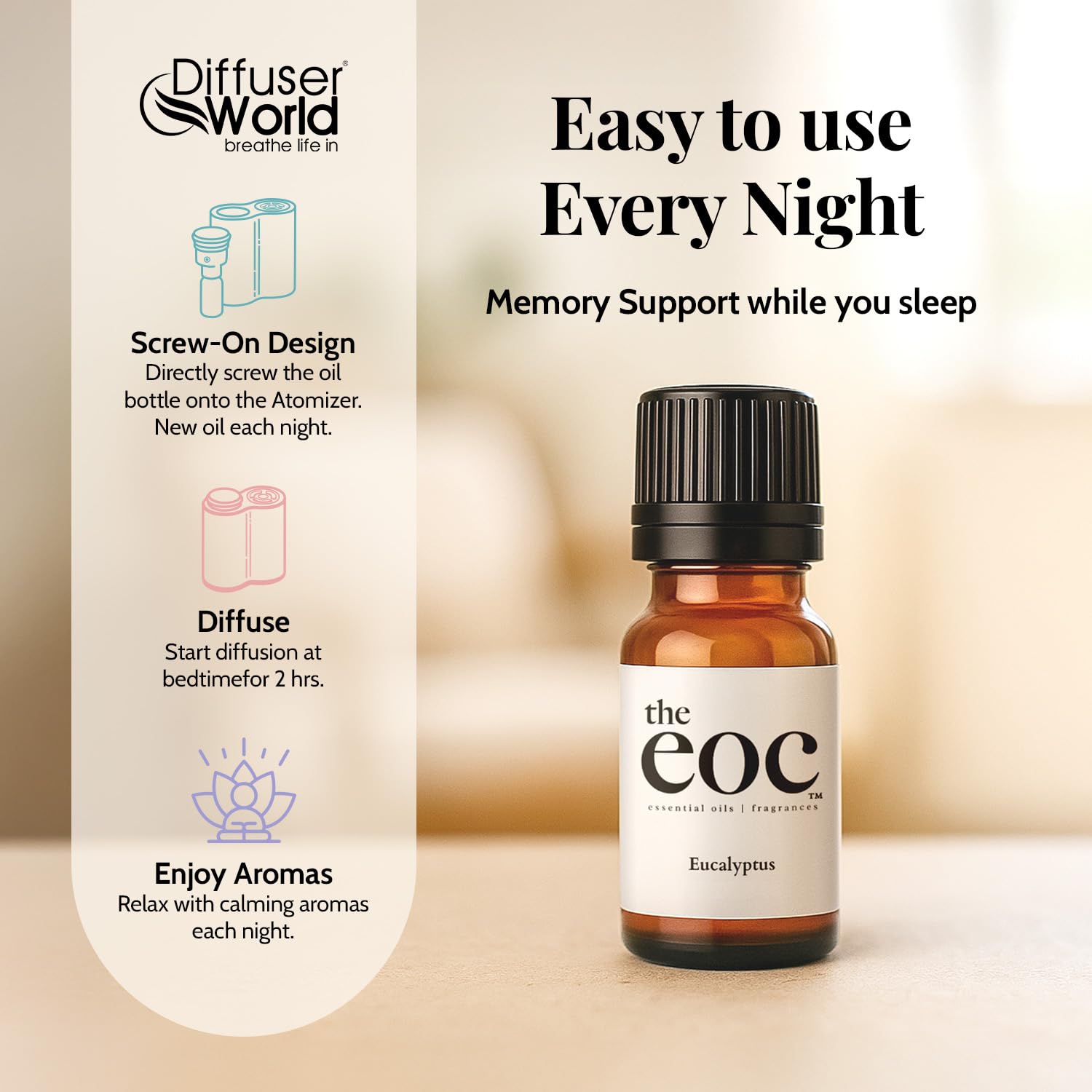 DIFFUSER WORLD Eucalyptus essential oil bottle for refreshing diffusers and clear-headed moments.