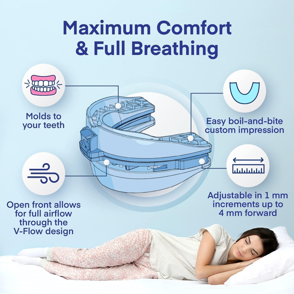 Difiney anti-snoring device in-mouth-use displays customized molding for snug wear.