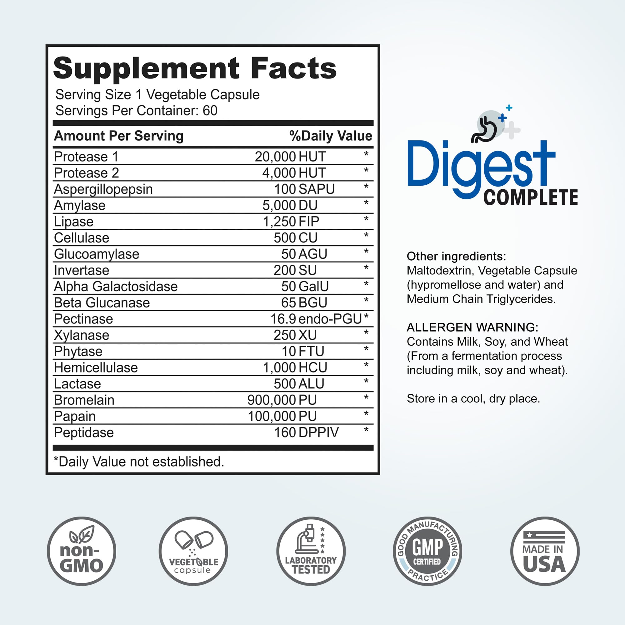 Digest Complete packaging shot reinforces trust and a 60-count supply