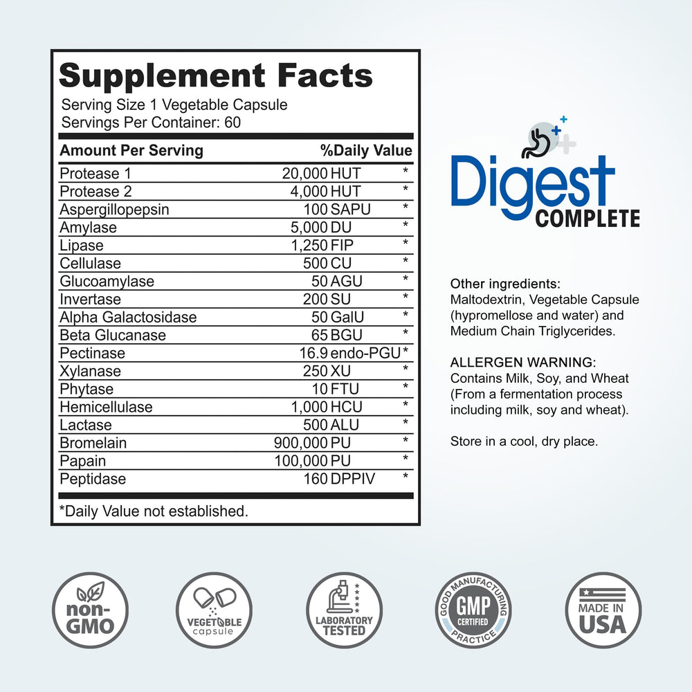 Digest Complete packaging shot reinforces trust and a 60-count supply