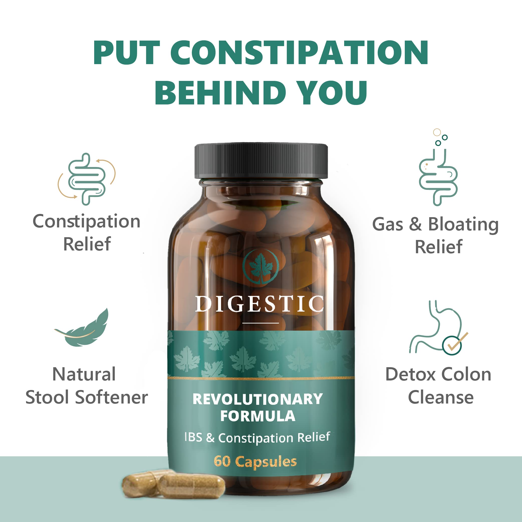 Digestic capsules close-up, featuring a 100% natural herbal formula for IBS-C