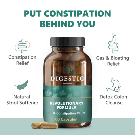 Digestic capsules close-up, featuring a 100% natural herbal formula for IBS-C
