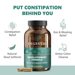 Digestic capsules close-up, featuring a 100% natural herbal formula for IBS-C