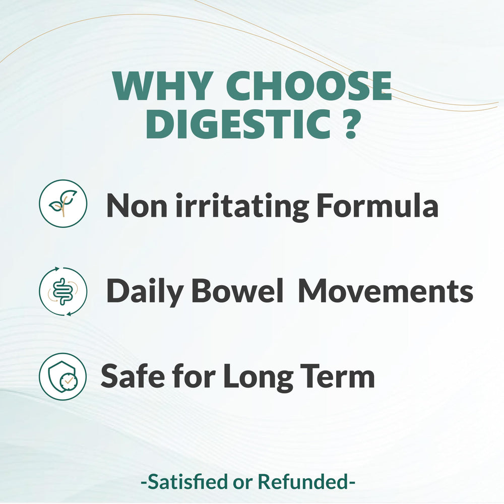 Front label of Digestic noting natural, non-addictive formulation.