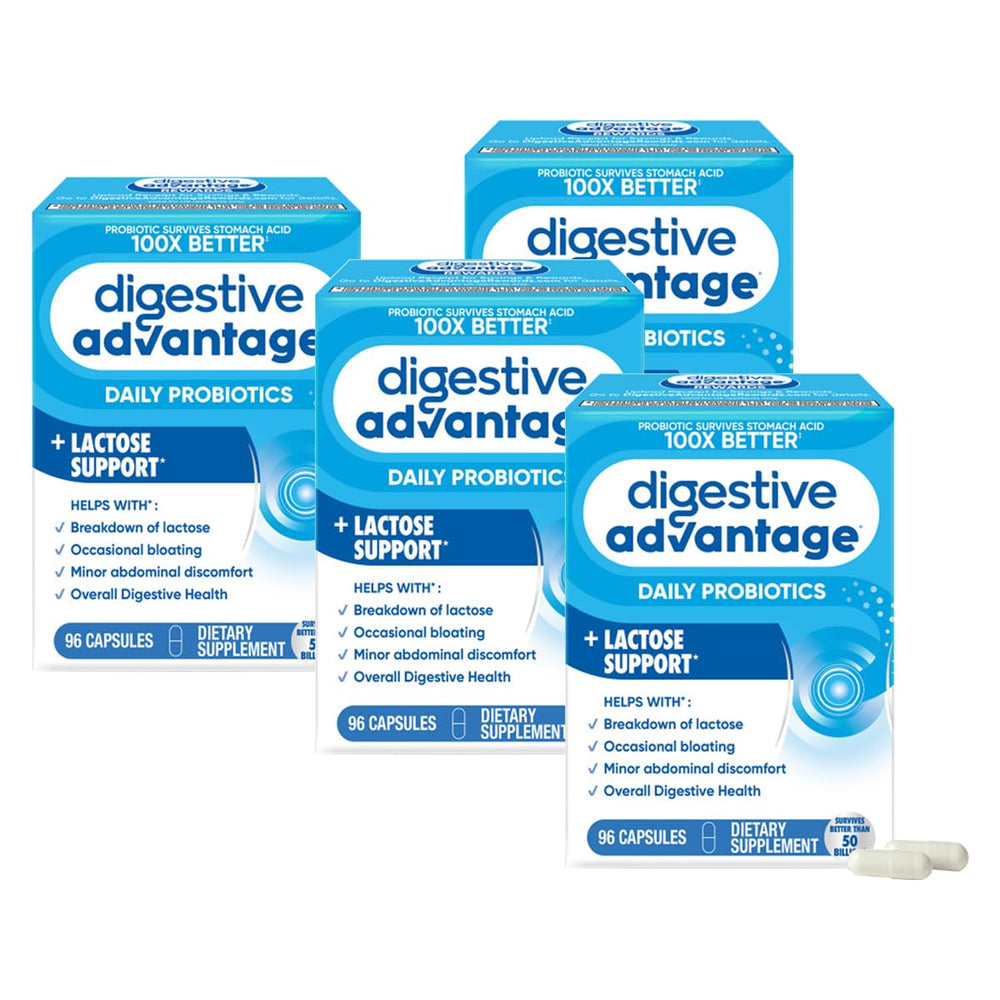 Digestive Advantage bottle front displaying probiotic and lactose defense for daily digestion.