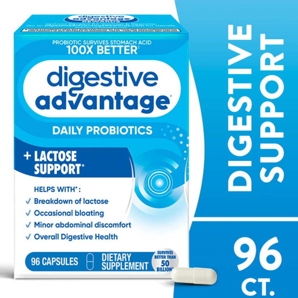 Digestive Advantage capsules closeup showing BC-30 probiotic blend for gut balance.
