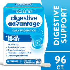 Digestive Advantage capsules closeup showing BC-30 probiotic blend for gut balance.