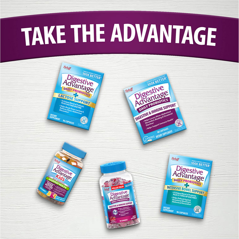 Digestive Advantage gluten-free label on probiotic gummies bottle.