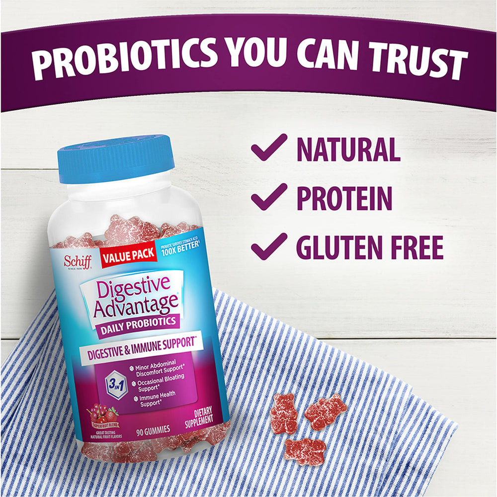 Digestive Advantage red bottle emphasizes gluten-free superfruit gummies.